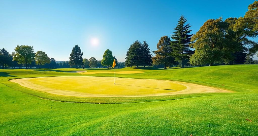 A scenic view of a golf course with green grass and blue sky, showcasing the tranquility of summer sports.