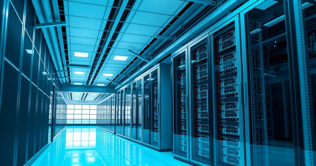 A modern data center with rows of servers, surrounded by an energy-efficient environment, showcasing innovation in technology.