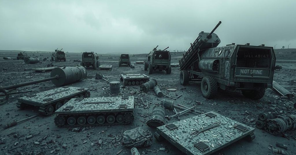 A stark landscape depicting a military scene with desolation and abandoned equipment, in somber grey and green tones.