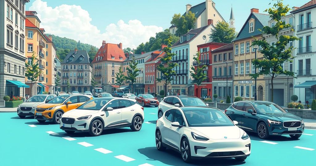 Electric vehicles showcasing a variety of modern designs in a vibrant European cityscape.