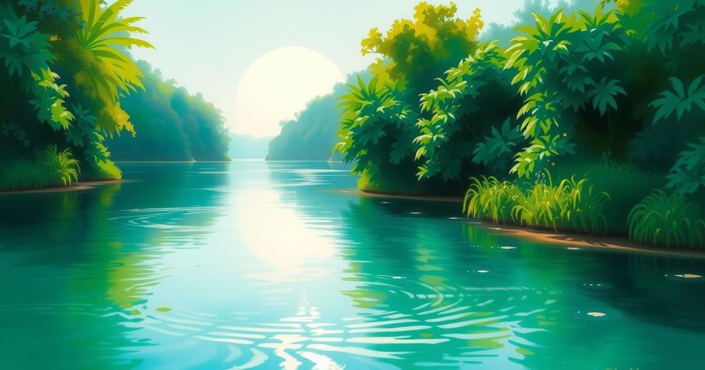 A peaceful riverside scene in Liberia, showcasing calm waters and lush greenery, reflecting tranquility amidst chaos.