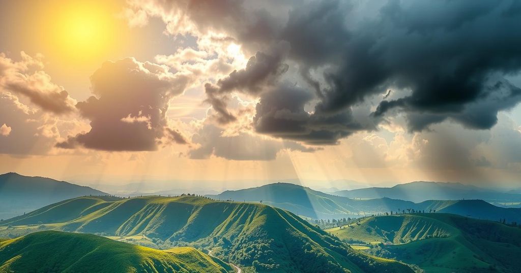 A scenic landscape depicting varied weather in Ghana, with sunny skies in the north and stormy clouds in the south.