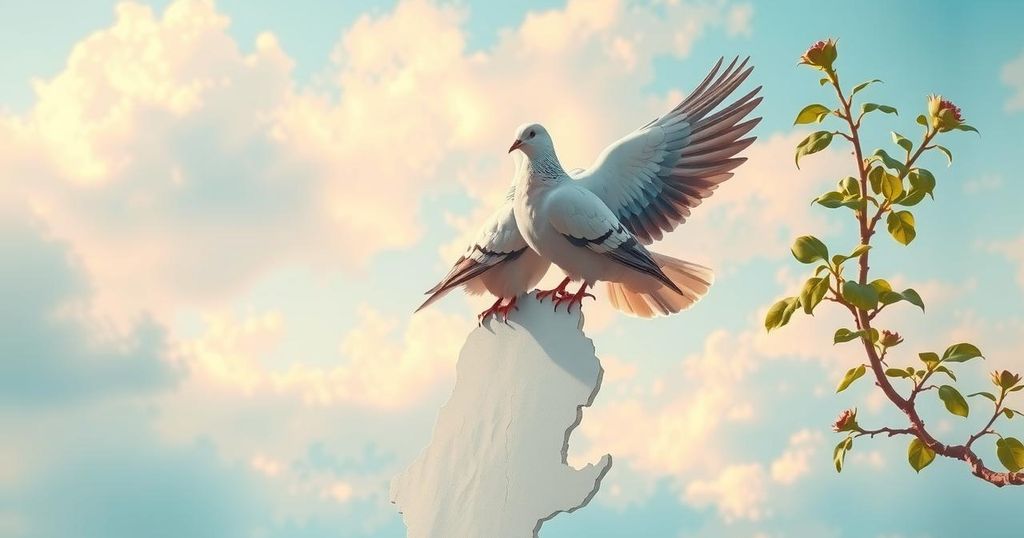 Peace celebration between two doves atop the map of Africa, symbolizing unity and harmony in the continent.