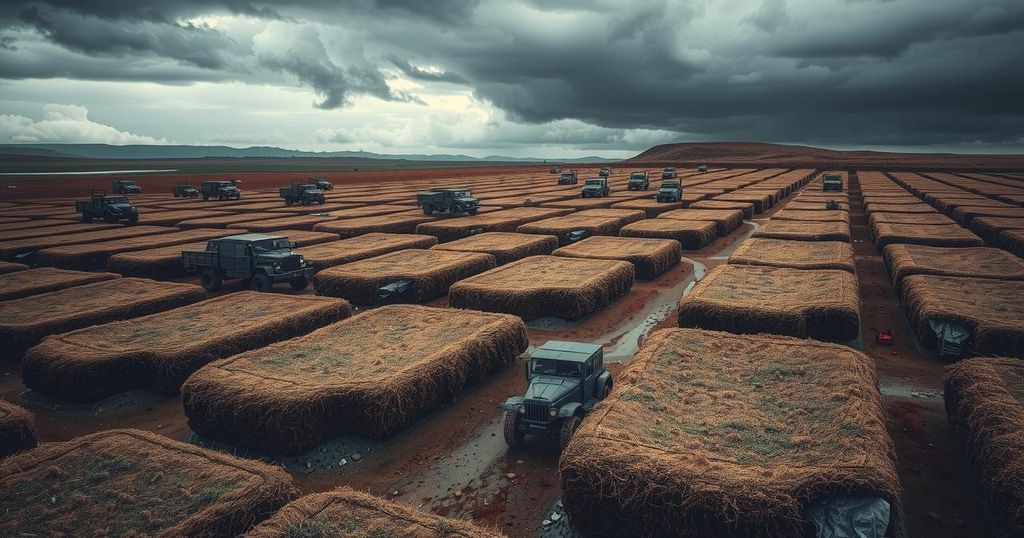 Dramatic landscape of a military training field, featuring red and gray tones with trenches and vehicles symbolizing warfare.