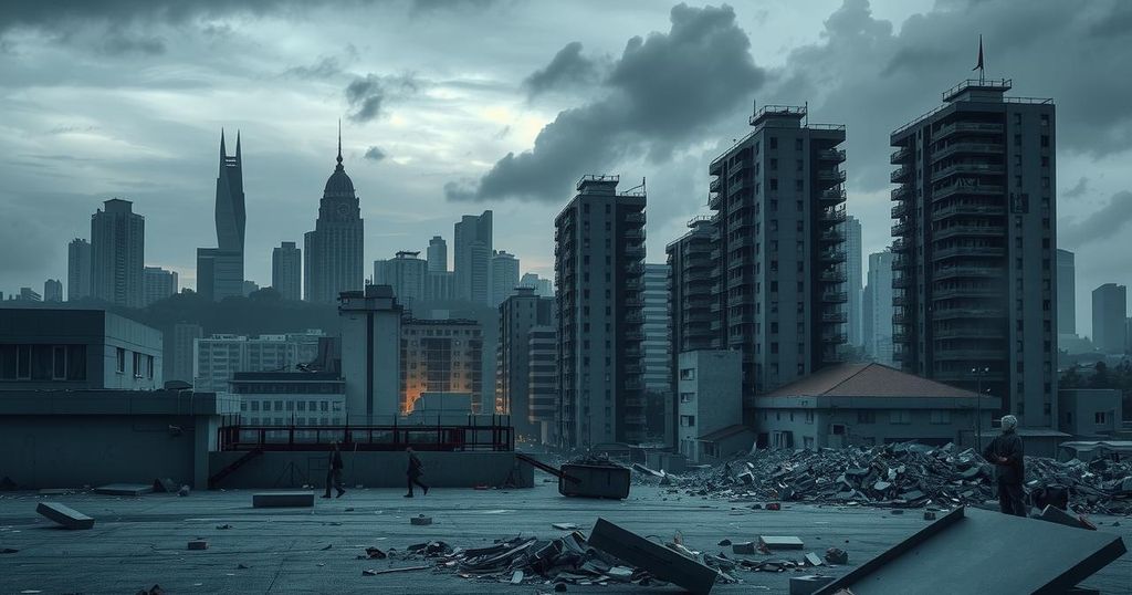 A city skyline with damaged buildings and debris reflecting a crisis in Colombia's urban areas.