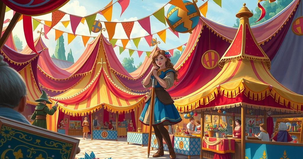 A scenic view showcasing a vibrant Renaissance fair with joyful decorations and vivid colors, evoking a fantasy theme.