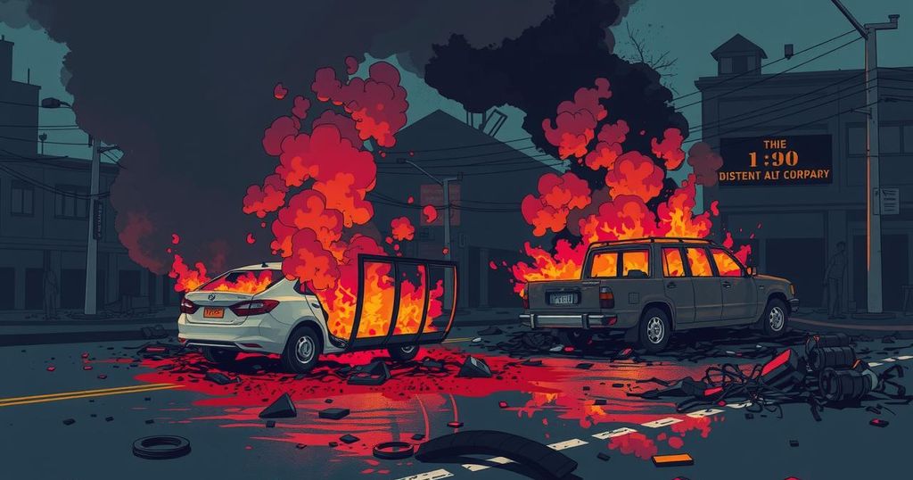 Protests in Nairobi with smoke, burnt vehicles, and scattered debris, representing civil unrest.