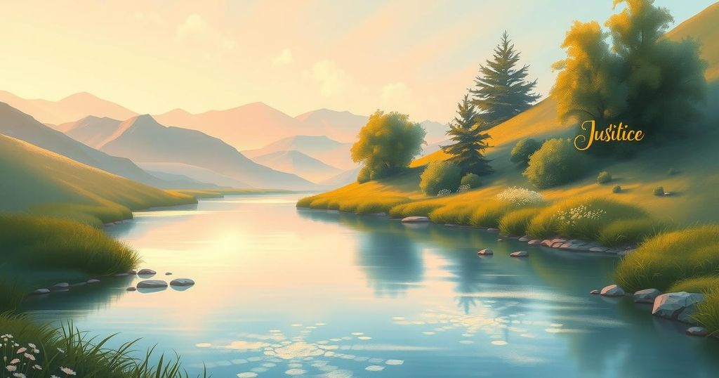 A serene landscape depicting justice and safety, featuring a peaceful setting with soft, warm colors and calm textures.