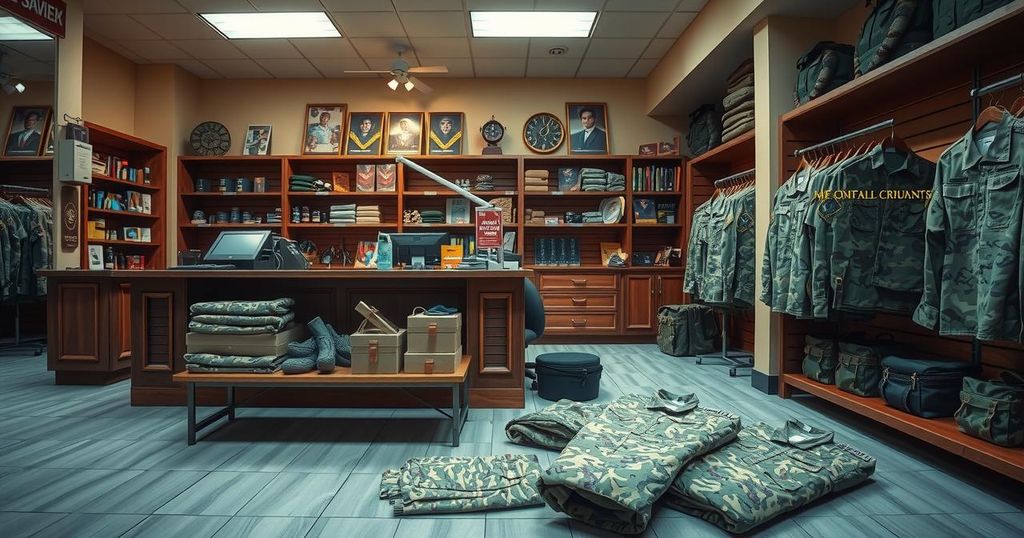 A PoS shop with camouflage uniforms on the floor representing a financial fraud theme