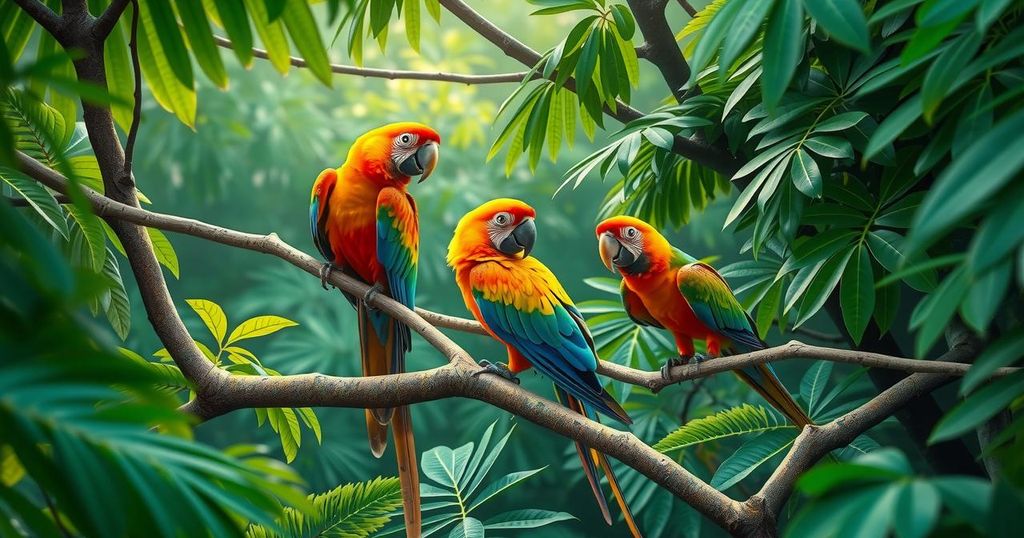 Colorful parrots in a lush green forest promoting wildlife conservation efforts in Nigeria.