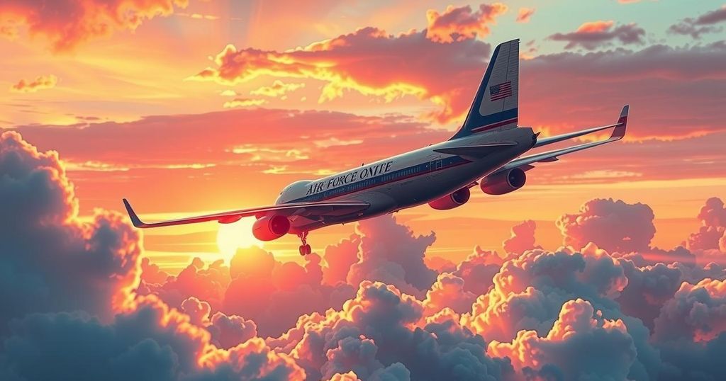 Air Force One soaring above clouds, showcasing a dynamic sky in soft pastels, embodying political triumph and complex diplomacy.