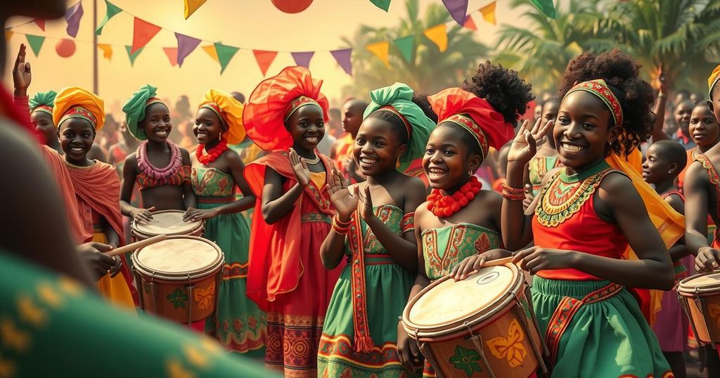 Togolese cultural celebration, featuring vibrant attire, traditional drumming, and joyous children welcoming a visitor.
