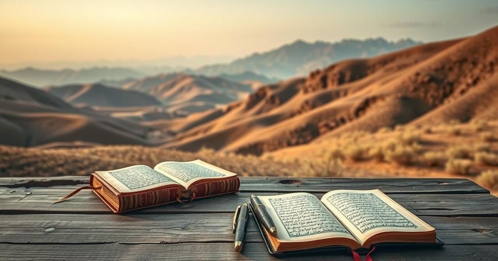 Afghan landscape with pens and books symbolizing Taliban memoirs, warm earthy colors evoke reflection and history.