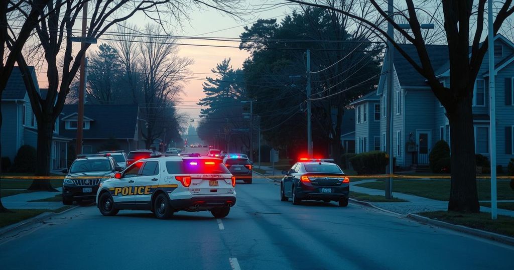 A quiet Minnesota neighborhood scene with police tape and squad cars, symbolizing a crime investigation