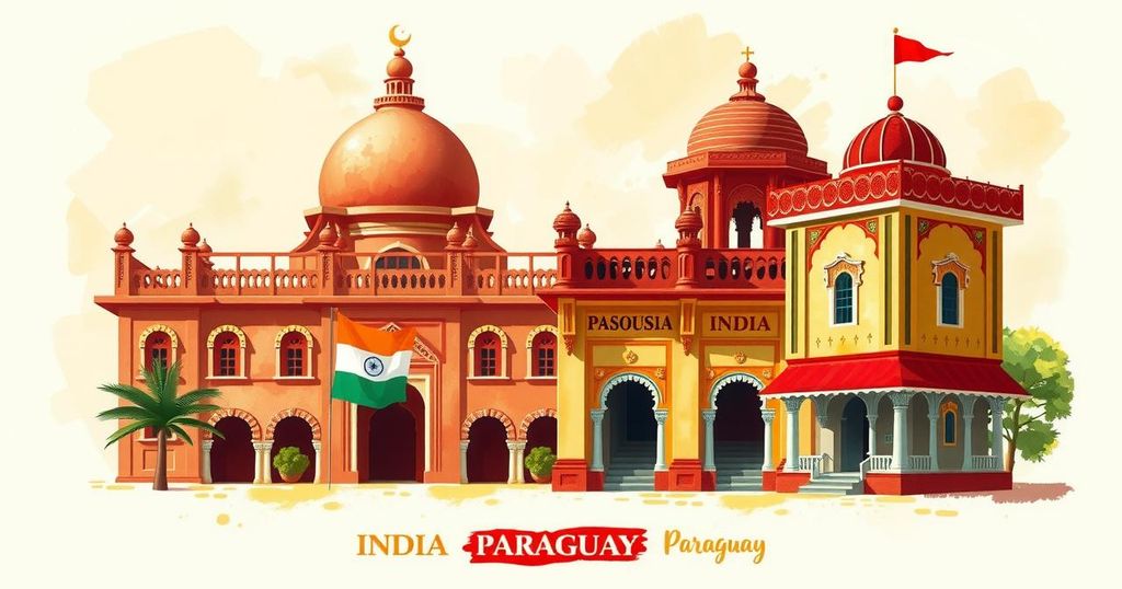 Colorful illustration representing India and Paraguay, featuring traditional elements in a vibrant, warm color palette.