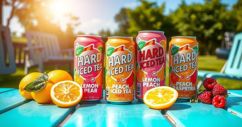 A vibrant display of hard iced tea cans in Lemon, Peach, and Raspberry flavors set against a sunny outdoor background.