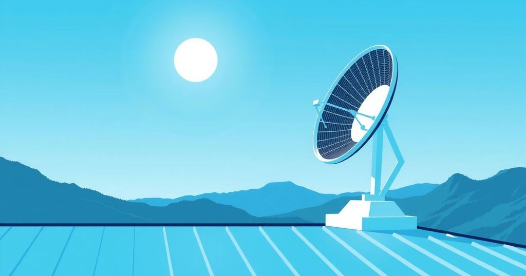 Satellite dish on a roof with mountains backdrop and blue skies, symbolizing Lebanon's potential for internet expansion.