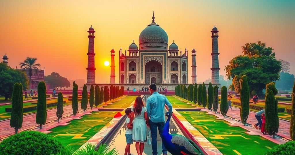 Vibrant scenery of Taj Mahal at sunrise with peacocks and lush greenery, capturing a memorable family trip vibe.