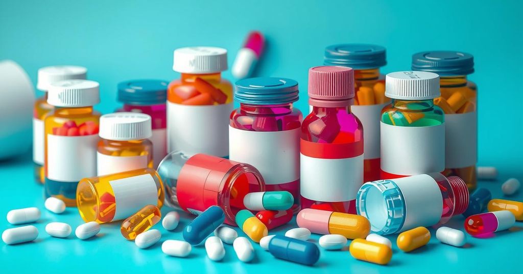 Egypt's pharmaceutical landscape emphasized through pills and bottles, showcasing growth in local manufacturing and regulation.