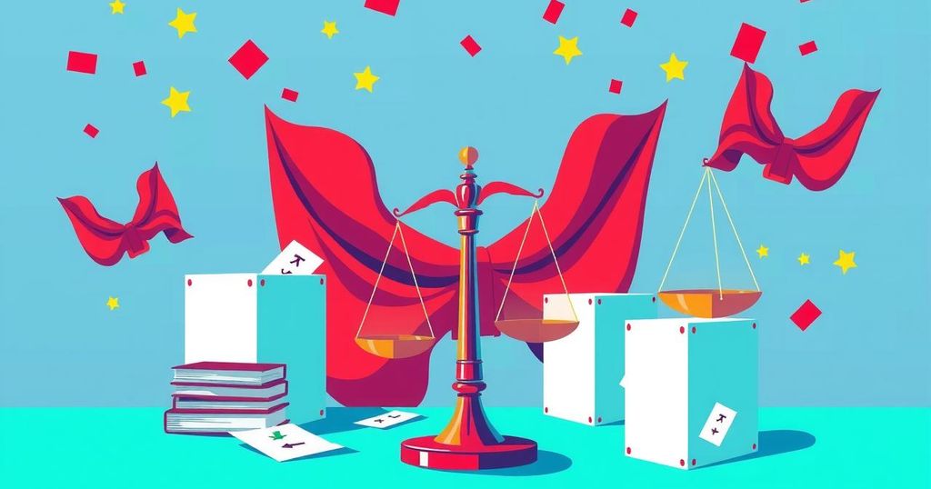 A colorful illustration of election themes with symbolic elements like ballots and scales, in a vibrant palette.