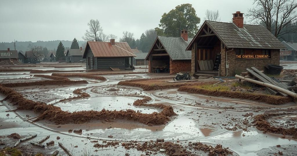A muddy landscape with destroyed homes and debris after flooding in South Africa.