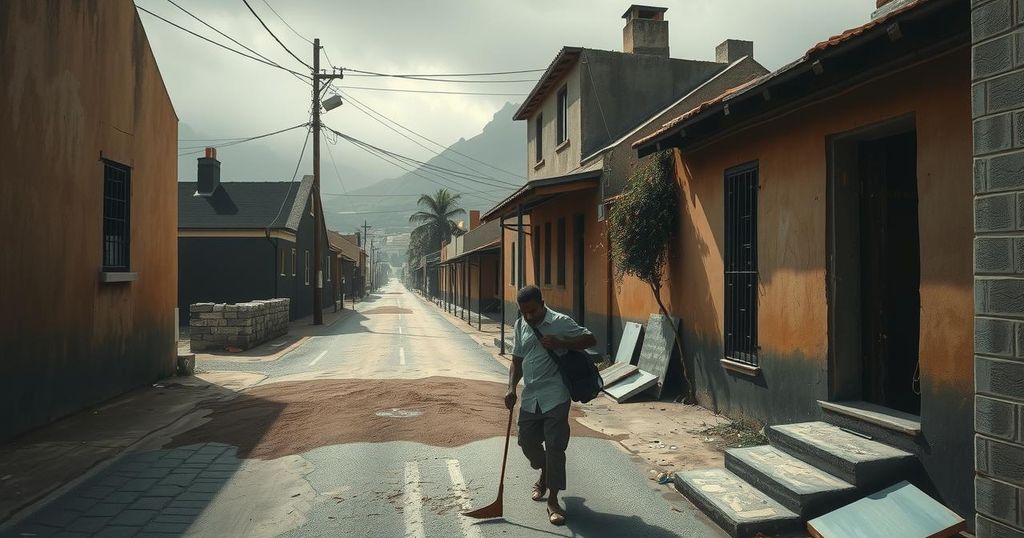 A somber street scene in Cape Town with visible bullet holes and deserted homes, reflecting community turmoil and resilience.