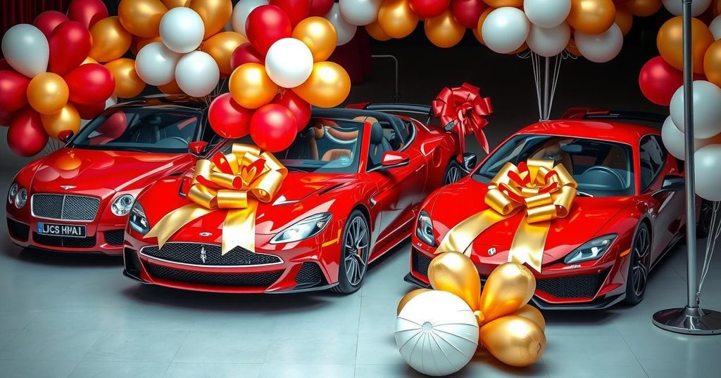 Luxury cars on display with balloons and big bows, symbolizing extravagant gifts and philanthropy in Zimbabwe.