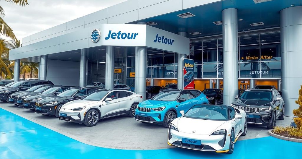 Modern automotive dealership in Lekki, showcasing Jetour vehicles with sleek design and vibrant colors.