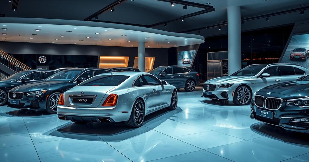 Luxury car dealership showcasing high-end vehicles with a modern aesthetic and vibrant color scheme.