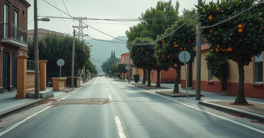 A somber scene showing a deserted street in Addo with citrus trees lining the path, capturing a melancholic atmosphere.