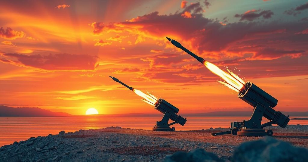Rocket launchers firing projectiles into the Yellow Sea during military drills, against a backdrop of a dramatic sunset sky.