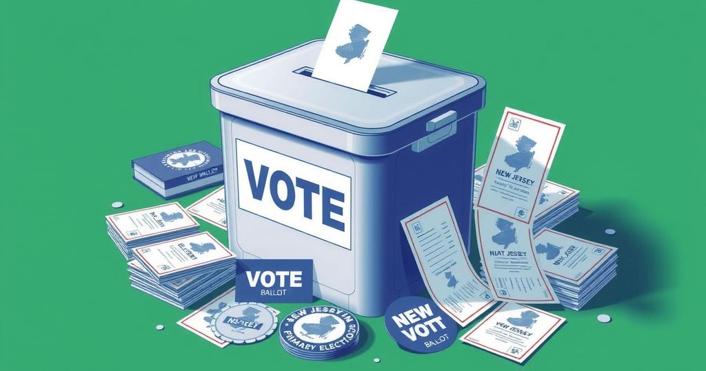 A ballot box and voting materials representing New Jersey primary elections with green and blue color palette.