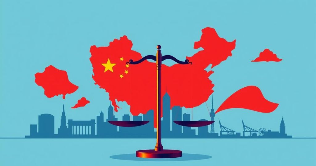 Silhouetted skyline representing US-China trade talks, with a balance scale and abstract shapes in calm blue and warm red tones.