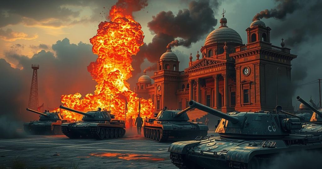 A visual representation of conflict and geopolitics in the Middle East with flames and military presence.