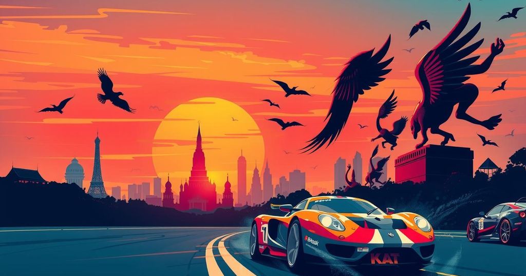 Colorful vibrant skyline of Bangkok with action elements and film themes represented, showcasing creativity and energy.