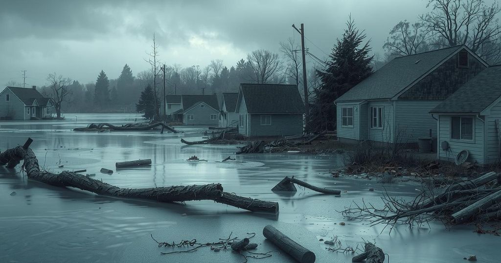 A devastated landscape in South Africa post-flooding, showcasing submerged homes and debris in a gloomy atmosphere.