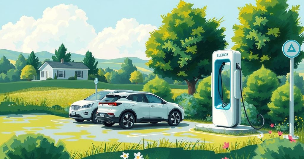 Electric vehicle charging station with modern cars and green landscape under a bright sky, symbolizing eco-friendly transport.