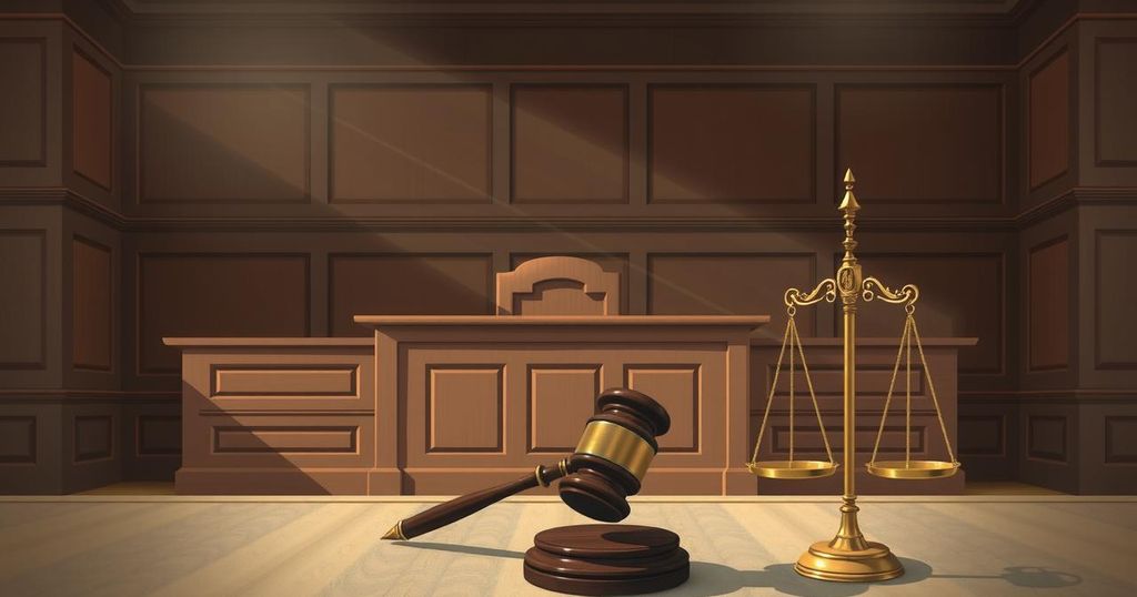 Courtroom scene depicting legal proceedings with a gavel and scales of justice in somber tones.
