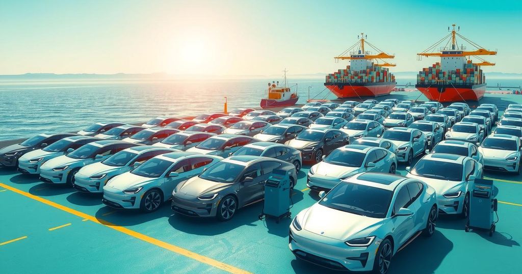 Electric vehicles lining up at a dock showcasing BYD's shipment to Brazil with exemplary design and green tones.