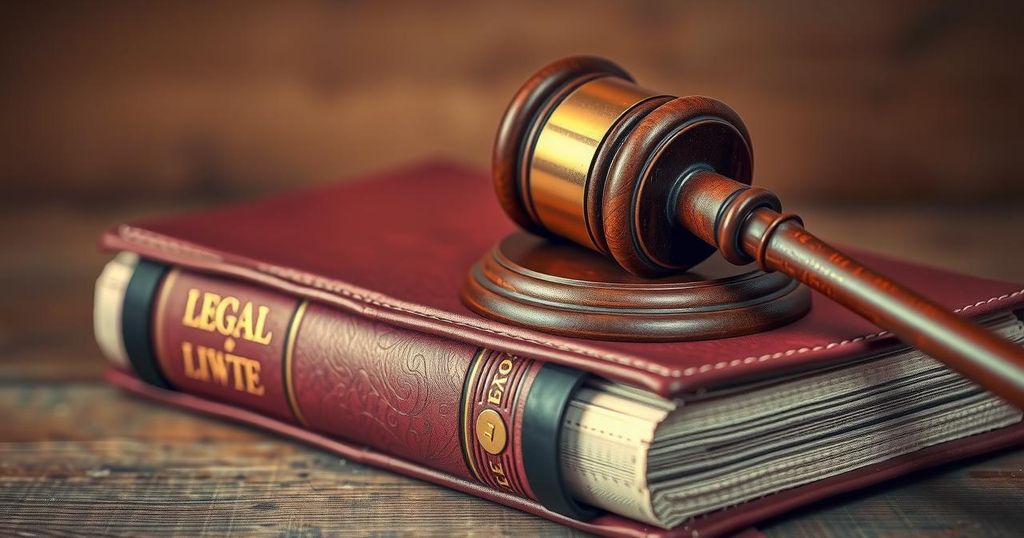 A gavel resting on a legal book, symbolizing justice and court proceedings in a serious setting.