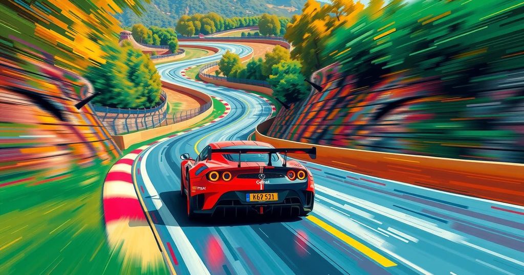 Race car zooming through a colorful road course with tight turns in Mexico, showcasing the excitement of motorsports.