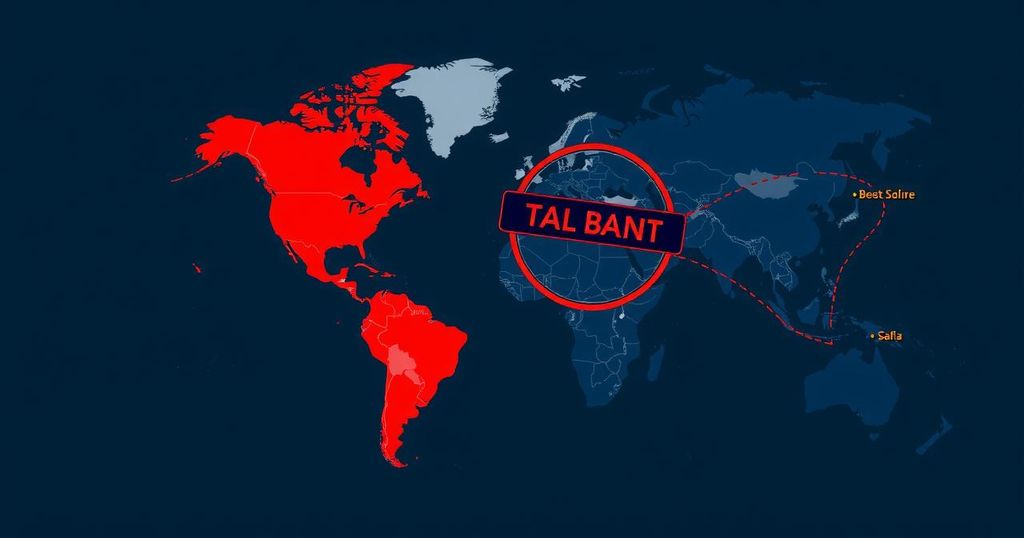 Map showing countries affected by travel ban with a red overlay, featuring a dark blue background and striking contrast.