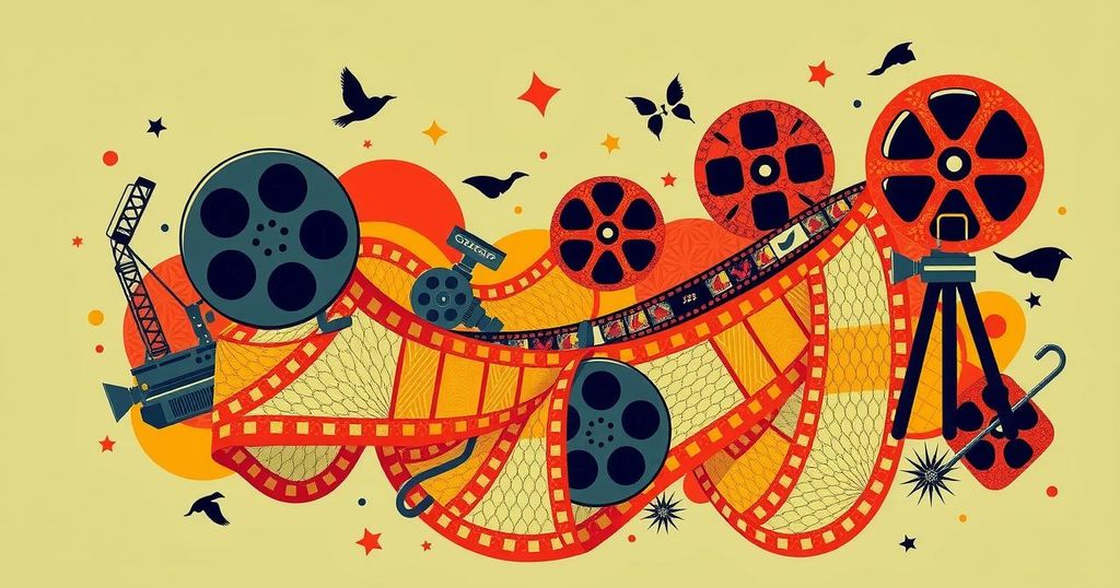 A vibrant Nollywood film scene with film reels and cinematic symbols, reflecting Nigeria's rich cultural storytelling.