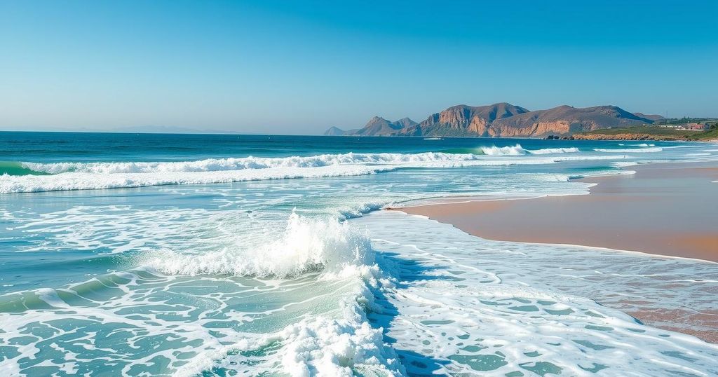 A serene coastal landscape with high waves and a clear blue sky, reflecting summer conditions in a Kuwait setting.