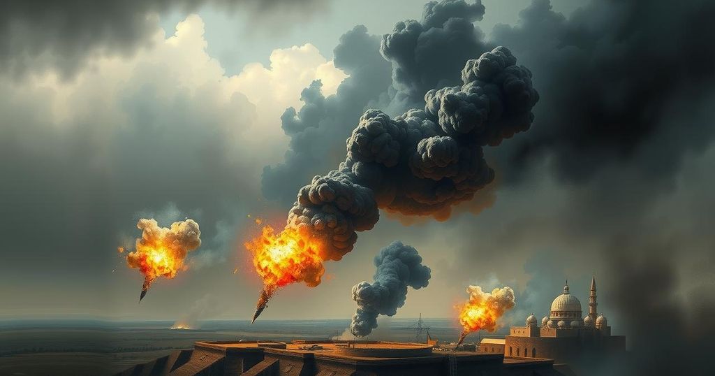 A dramatic depiction of tensions in the Middle East with dark clouds symbolizing conflict and muted colors conveying urgency.