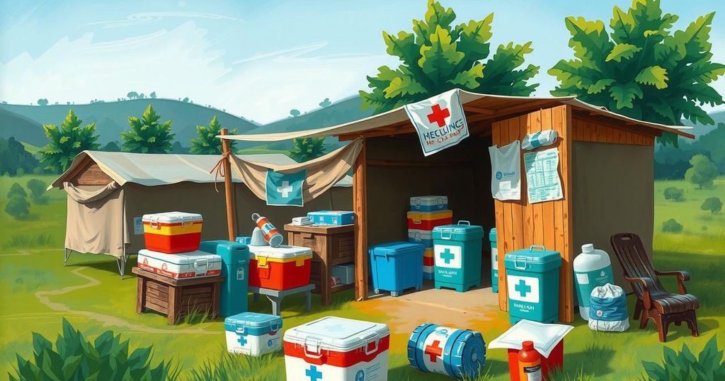A scenic view of a healthcare camp with medical supplies and equipment set in a rural Ugandan landscape