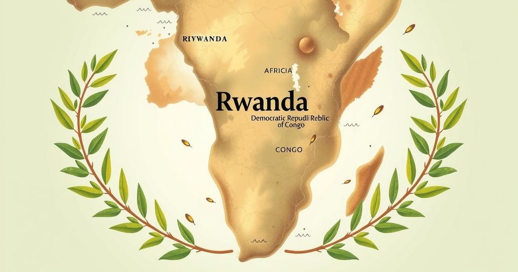Map of Africa highlighting Rwanda and Congo peace treaty with symbolic olive branches