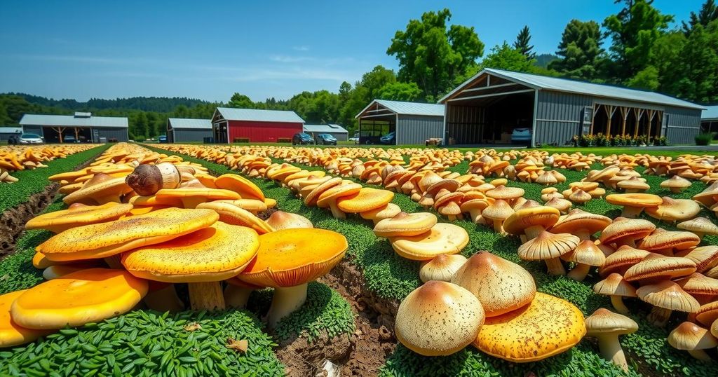 A vibrant mushroom farm showcasing clusters of mushrooms and agricultural sheds under a clear sky in Ethiopia.