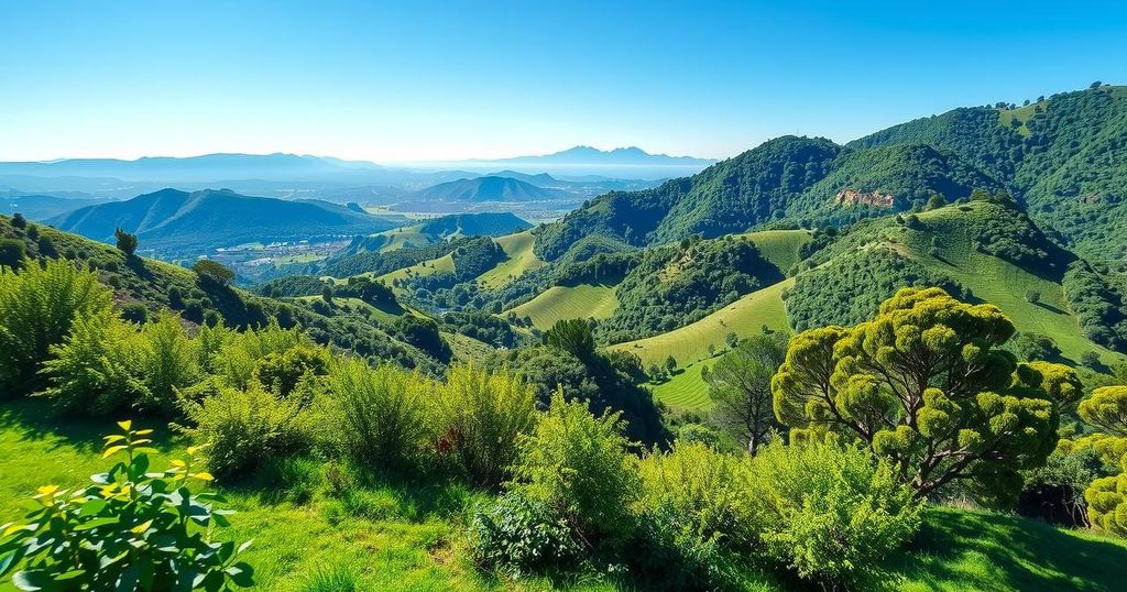 Lush green landscape in Rwanda's Bugesera district with mountains in the background under a bright blue sky.