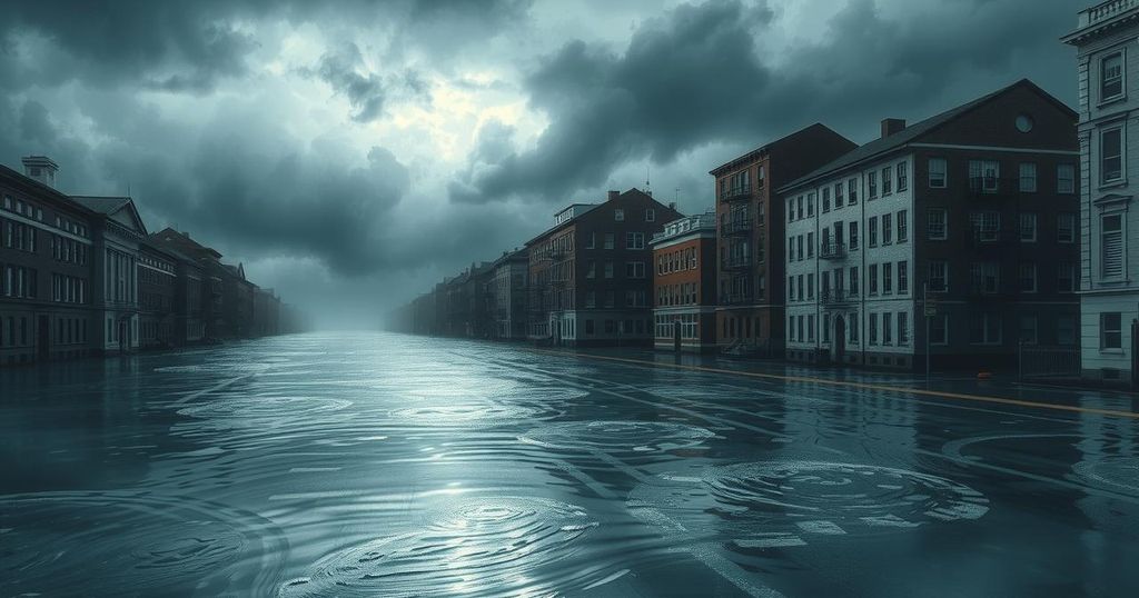 Flooded city streets in Kinshasa, showcasing houses submerged and heavy rain clouds in a gloomy atmosphere.